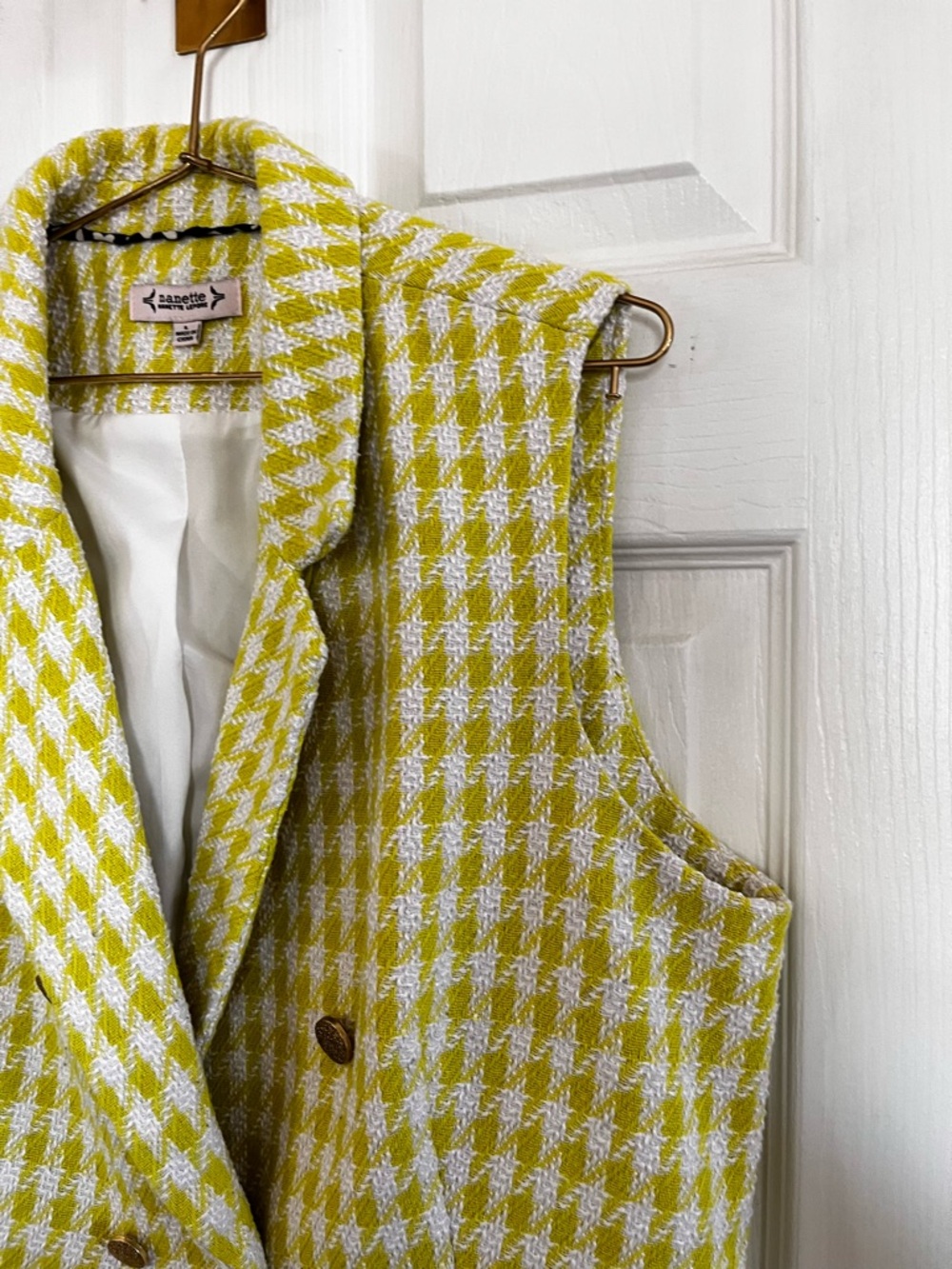 Nanette Lepore Lime and White Houndstooth Sleeveless Blazer Vest - Picture 3 of 11